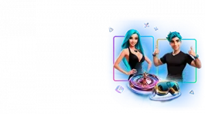 Изображение двух анимационных персонажей, мужчины и женщины, рекламирующих кэшбэк-бонус Legzo с элементами казино и яркими неоновыми цветами.